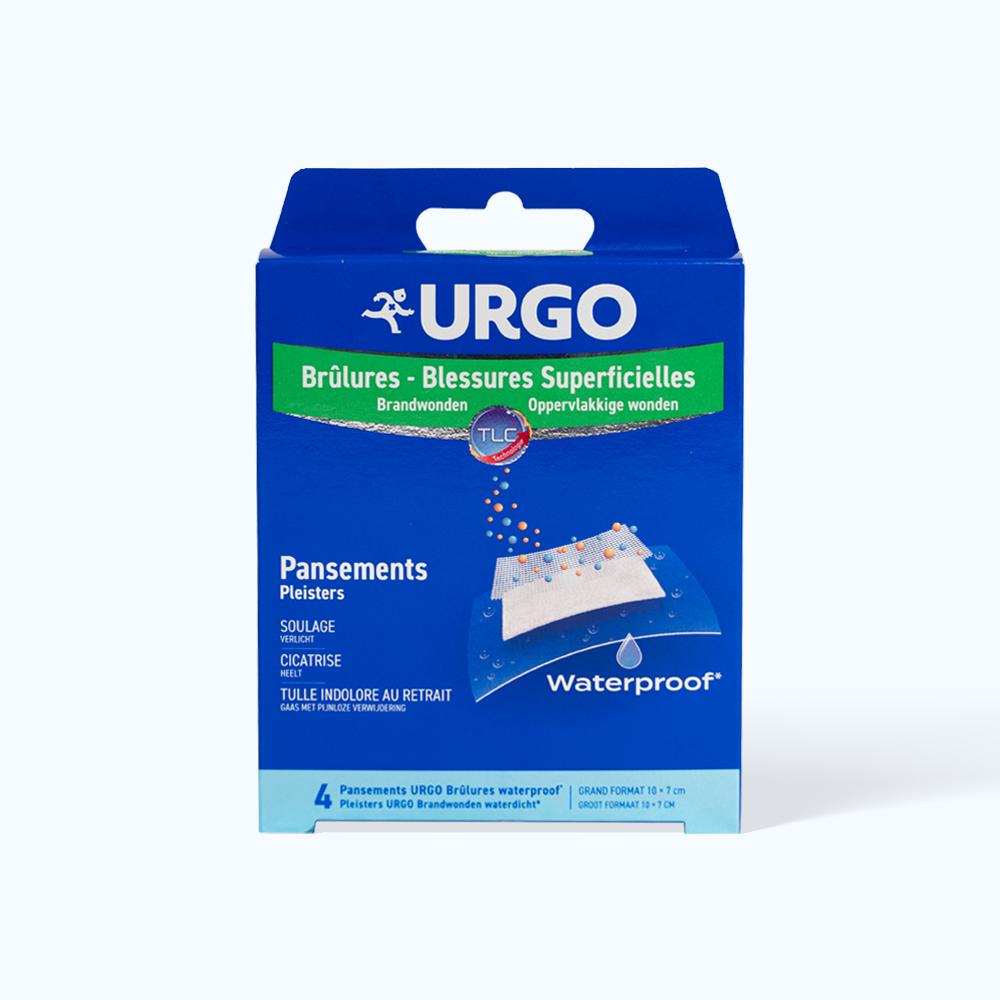 Băng cá nhân tiệt trùng, chống thấm nước URGO Brulures Waterproof cho vết thương 10cmx7cm (4 miếng)