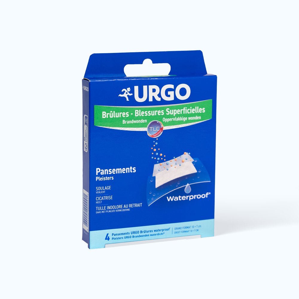 Băng cá nhân tiệt trùng, chống thấm nước URGO Brulures Waterproof cho vết bỏng cấp độ 1, bỏng cấp độ 2 và các vết thương 10cmx7cm (Hộp 4 miếng)