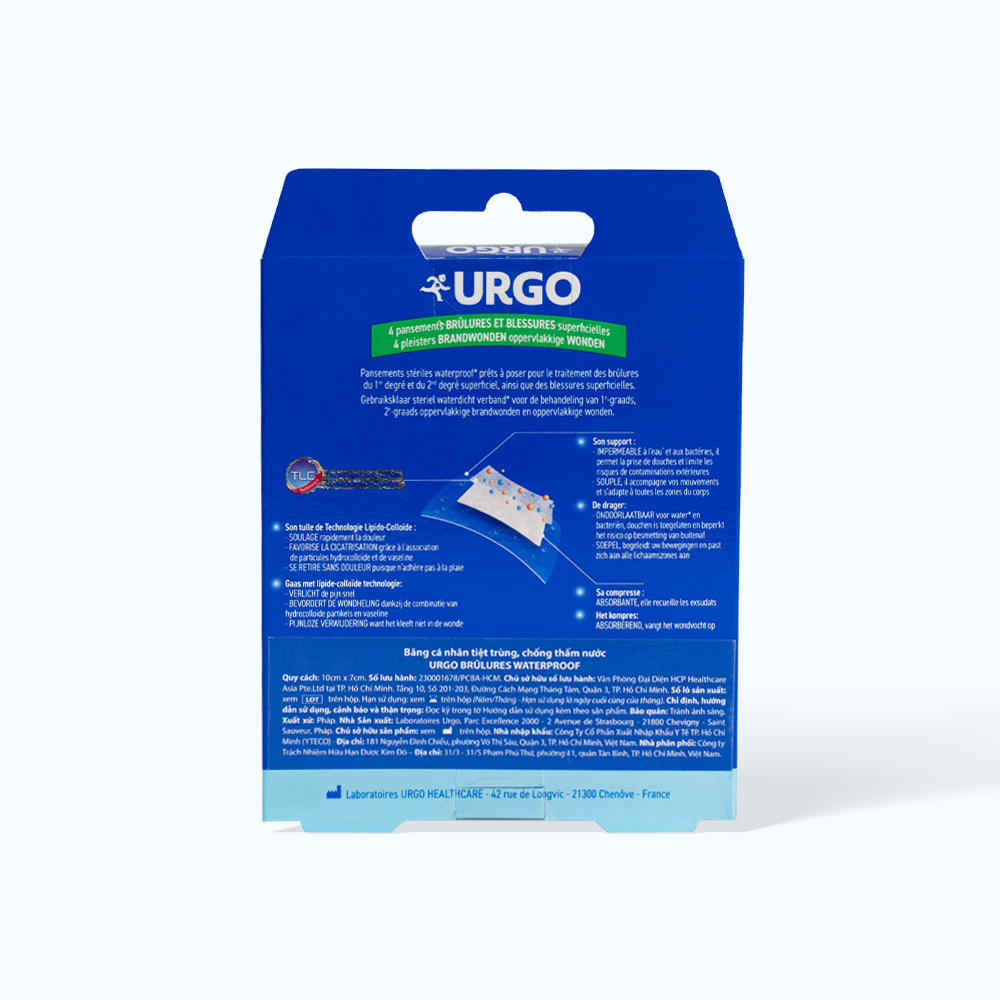 Băng cá nhân tiệt trùng, chống thấm nước URGO Brulures Waterproof cho vết thương 10cmx7cm (4 miếng)