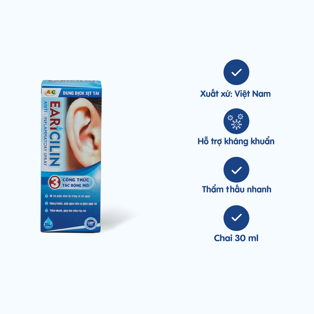 Dung dịch xịt tai ABC EARICILIN hỗ trợ phòng ngừa và làm giamer viêm tai  (Chai 30ml)