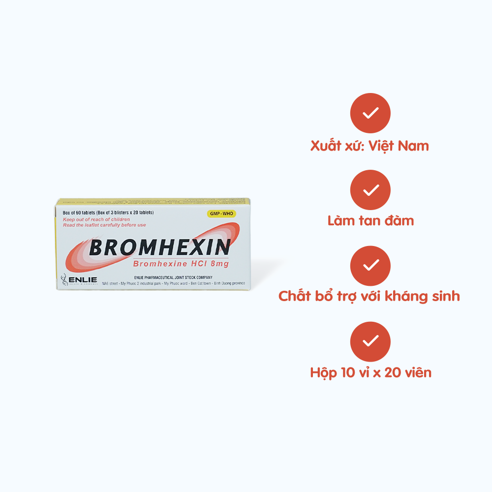 Viên nén Bromhexin 8mg tiêu nhầy, loãng đàm, giảm ho (3 vỉ x 20 viên)