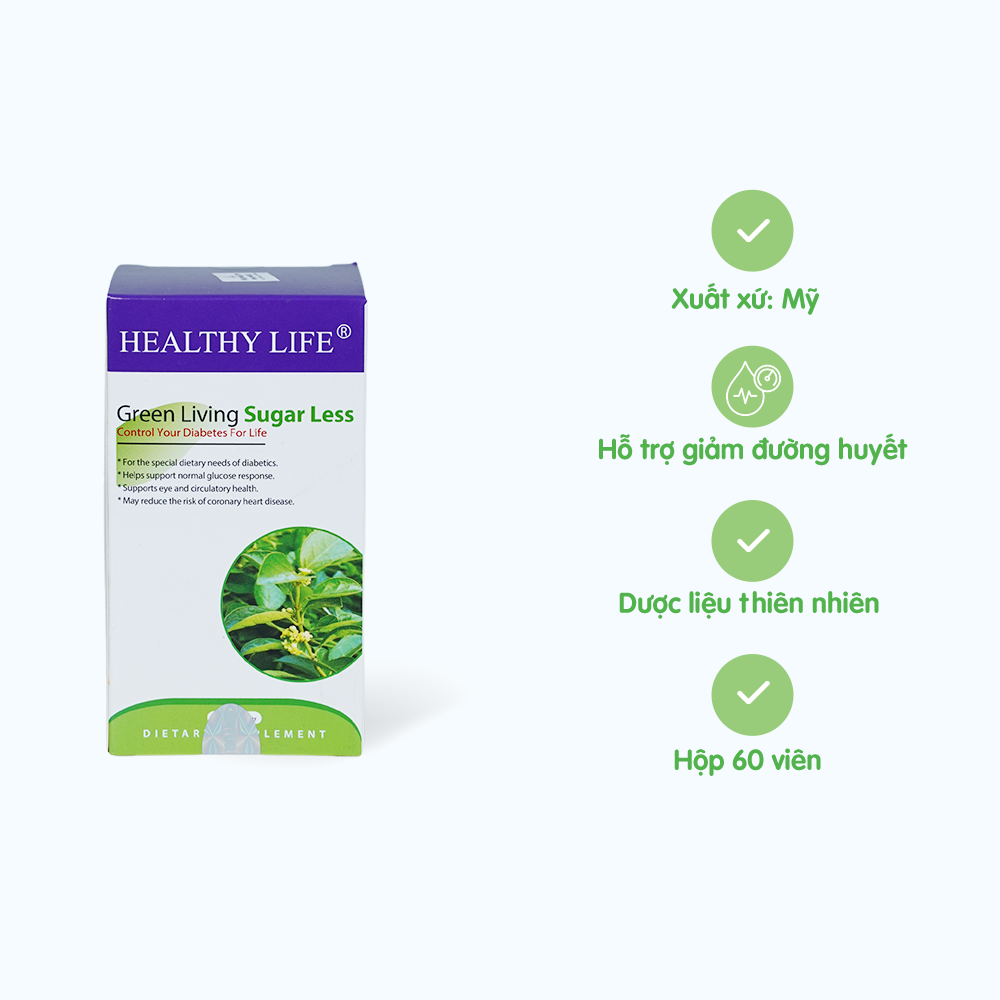 Viên uống Healthy Life Green Living Sugar Less hỗ trợ giảm đường huyết (Hộp 60 viên)