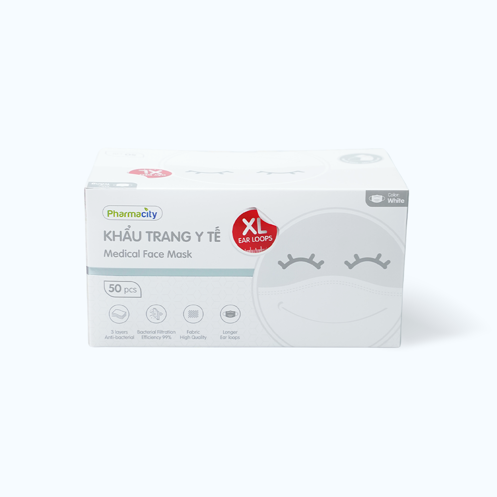 Khẩu trang y tế màu trắng cỡ lớn XL 3 lớp Pharmacity (Hộp 50 cái)