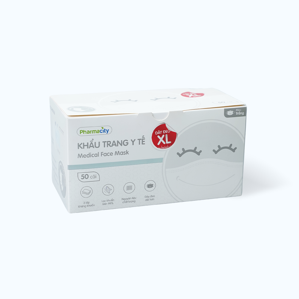 Khẩu trang y tế màu trắng cỡ lớn XL 3 lớp Pharmacity (Hộp 50 cái)