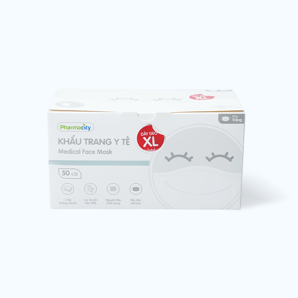 Khẩu trang y tế màu trắng cỡ lớn XL 3 lớp Pharmacity (Hộp 50 cái)