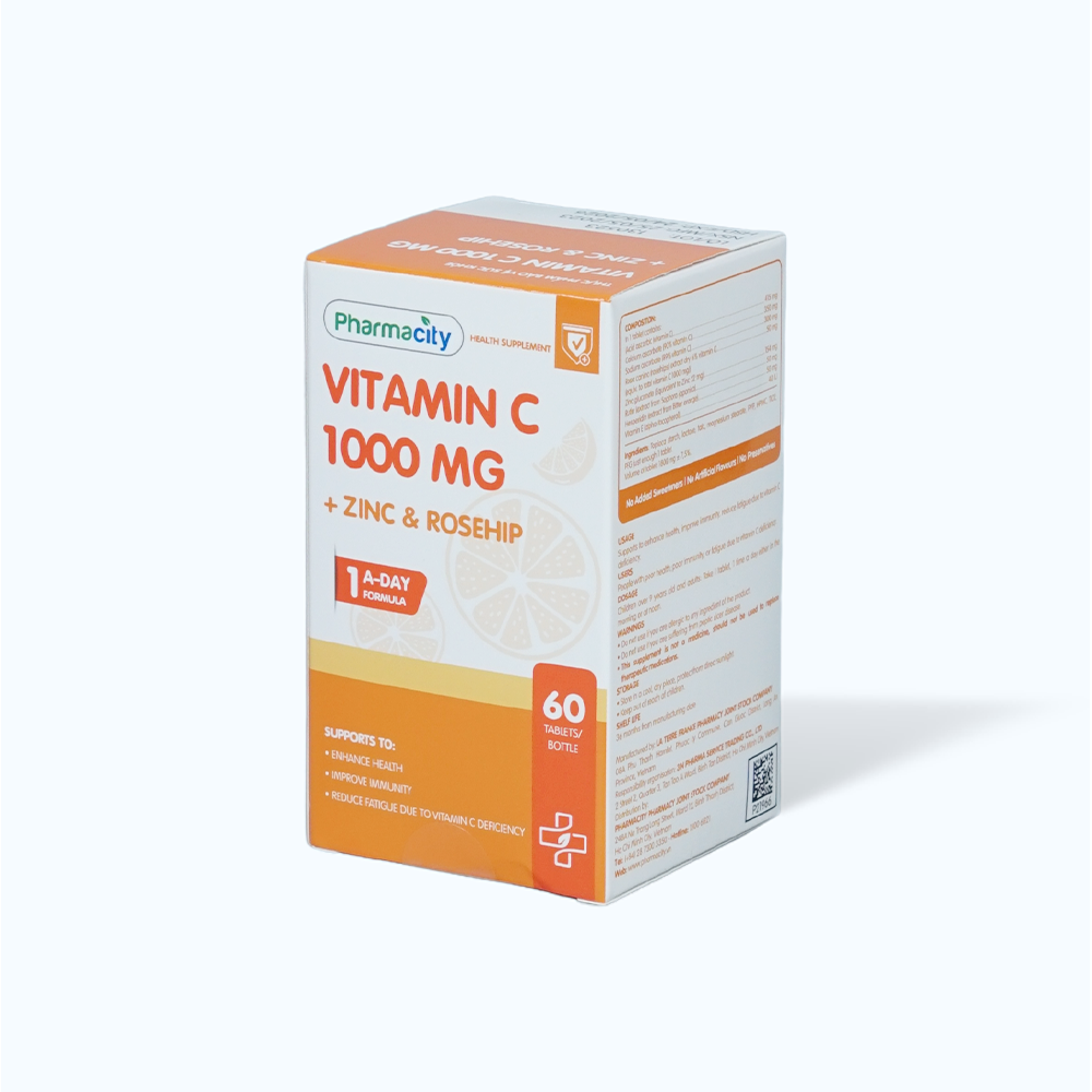 Viên uống Pharmacity Vitamin C 1000mg + Zinc & Rosehip hỗ trợ nâng cao sức đề kháng và tăng cường sức khỏe  (Chai 60 Viên)