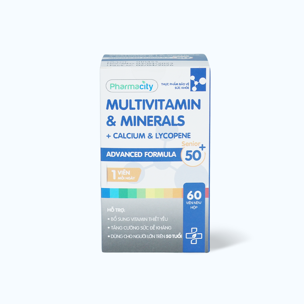 Viên uống Pharmacity Advanced Formula Senior 50+ Multivitamin & Minerals, Calcium, Lycopene hỗ trợ bổ sung các vitamin, khoáng chất thiết yếu dành cho người trên 50 tuổi (Chai 60 viên)