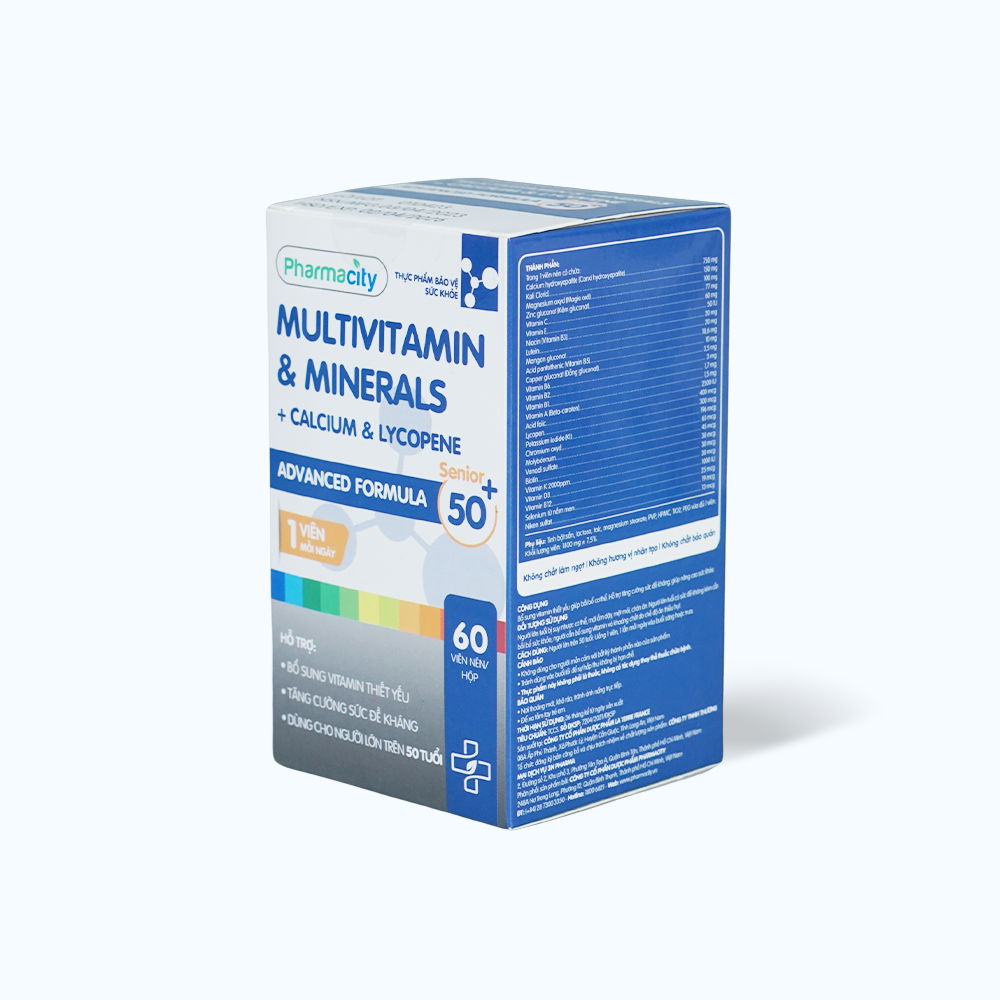 Viên uống Pharmacity Advanced Formula Senior 50+ Multivitamin & Minerals, Calcium, Lycopene hỗ trợ bổ sung các vitamin, khoáng chất thiết yếu dành cho người trên 50 tuổi (Chai 60 viên)