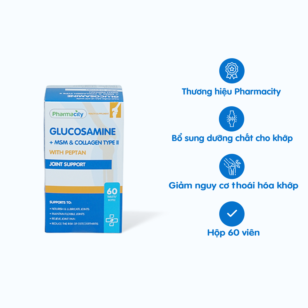 Viên uống Pharmacity Glucosamine + MSM & Collagen Type II With Peptan - Joint Support hỗ trợ khớp (60 viên)