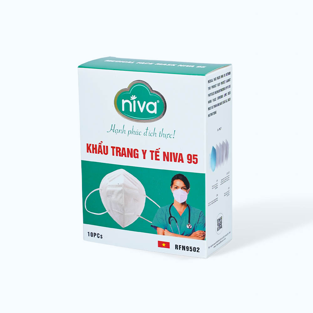 Khẩu trang NIVA tiêu chuẩn N95 4 lớp giúp ngăn vi khuẩn, khói, bụi, dầu, giọt bắn xâm nhập (Hộp 10 cái)