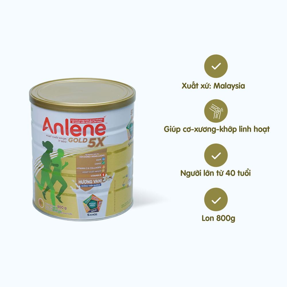 Sữa bột dinh dưỡng ANLENE GOLD 5X tăng cường sức khỏe cơ-xương-khớp cho người trên 40 tuổi (800g)