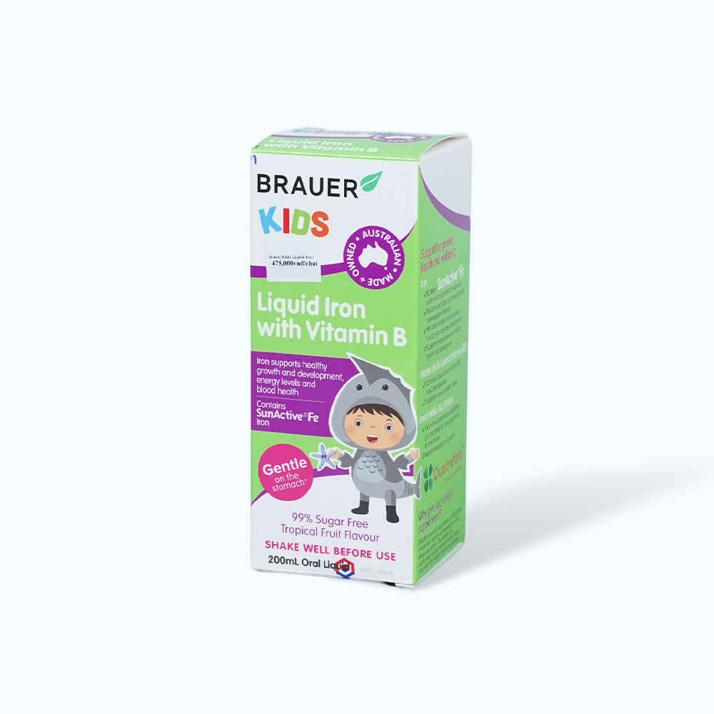 Siro BRAUER Kids Liquid Iron With Vitamin B bổ sung sắt & vitamin ,phòng ngừa thiếu máu do thiếu sắt cho trẻ từ 1 tuổi(Chai 200ml)
