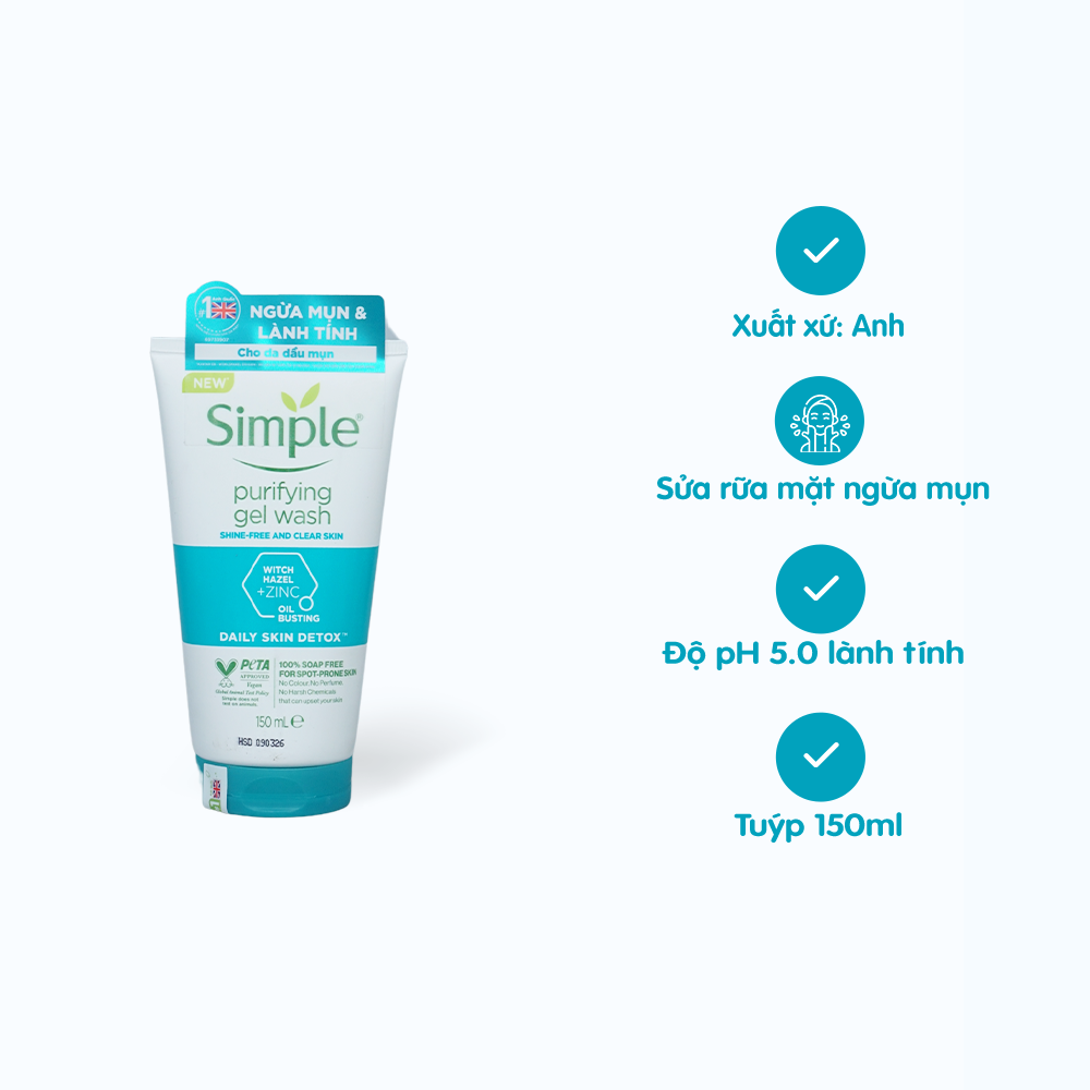 Gel rửa mặt Simple Purifying Gel Wash Deeply Cleanses For Controlled Shine And Clear Skin (Tuýp 150ml)