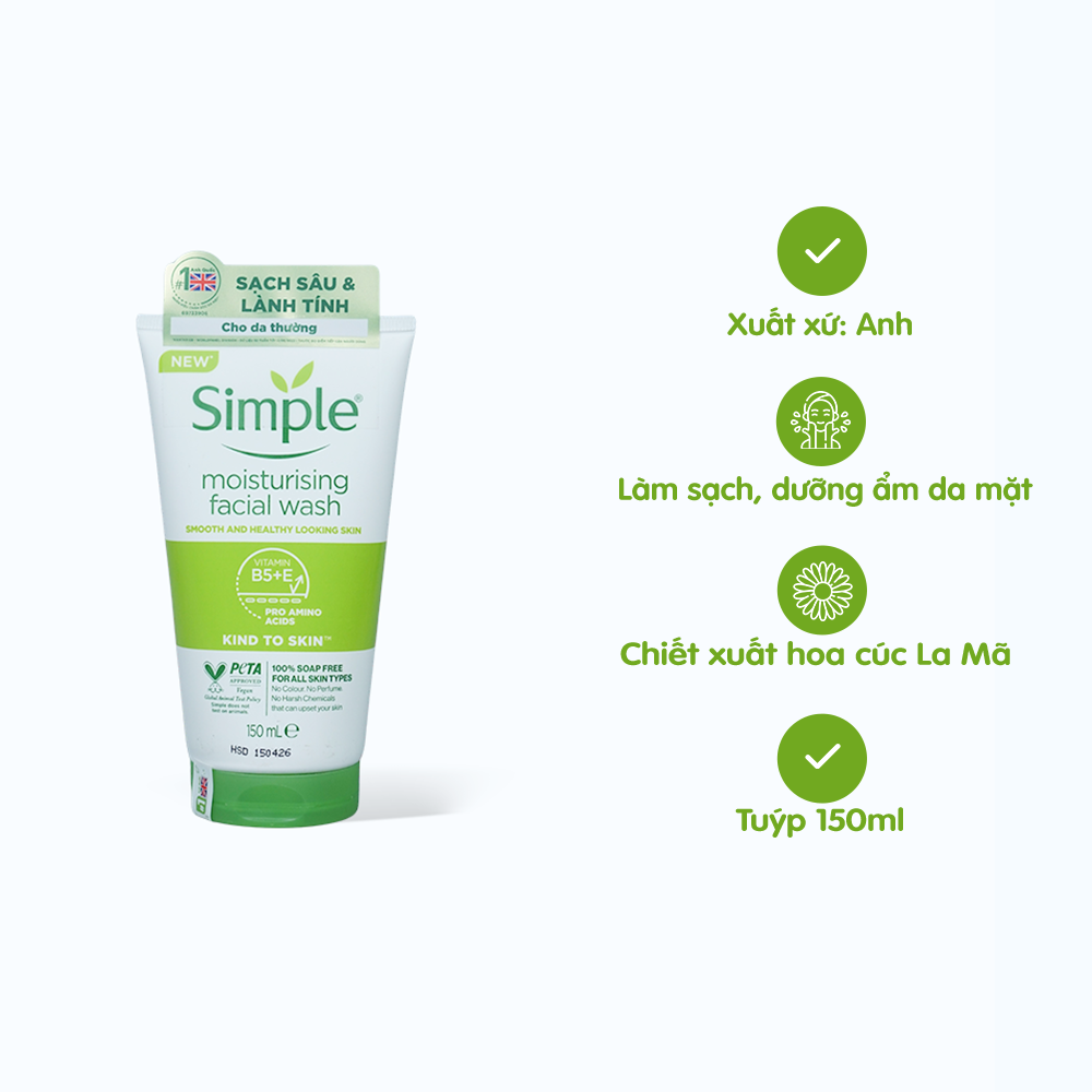 Sữa Rửa Mặt SIMPLE Moisturising Dưỡng Ẩm Cho Da(Tuýp 150ml)