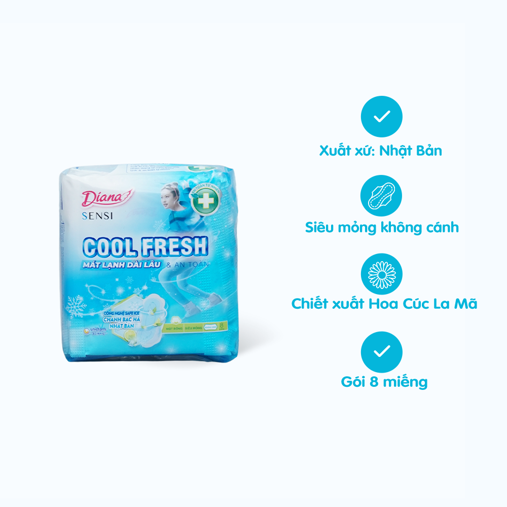 Băng vệ sinh mát dịu siêu mỏng không cánh Diana Sensi Cool Fresh (Gói 8 Miếng)