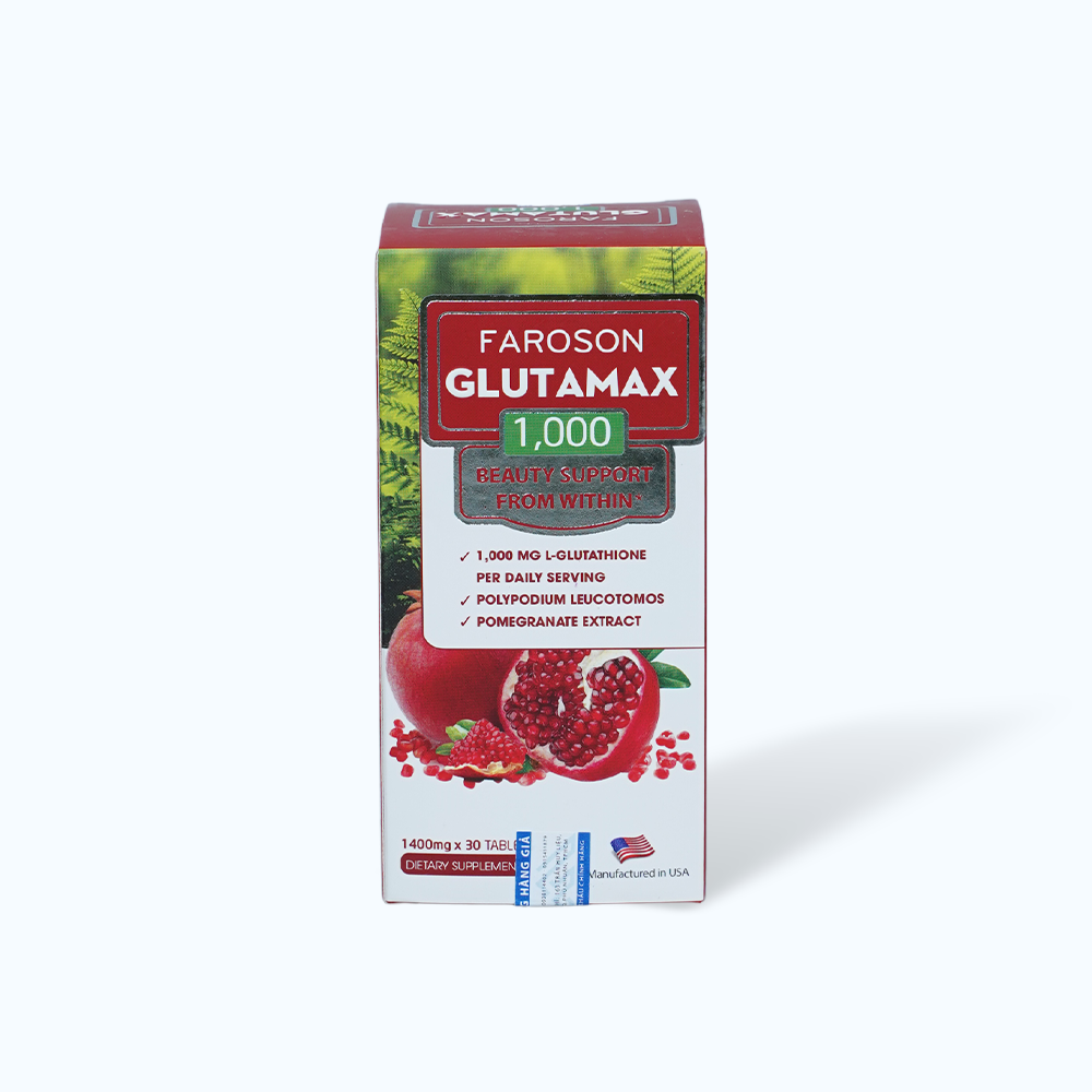 Viên uống Faroson Glutamax 1000 hỗ trợ tăng cường khả năng chống oxy hóa, giúp làm tăng độ đàn hồi cho da, giảm lão hóa da (Hộp 30 Viên)