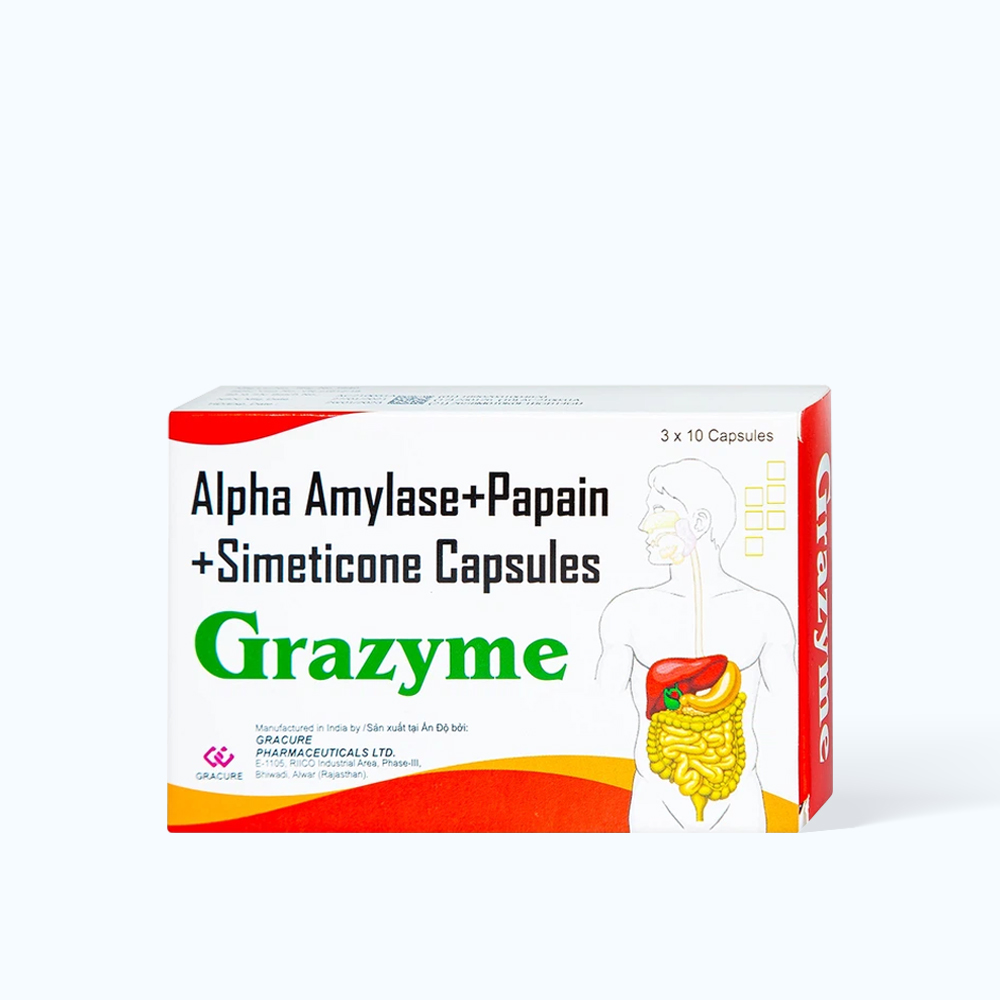 Viên nang Grazyme  trị đầy hơi, khó tiêu, hỗ trợ tiêu hóa (3 vỉ x 10 viên)