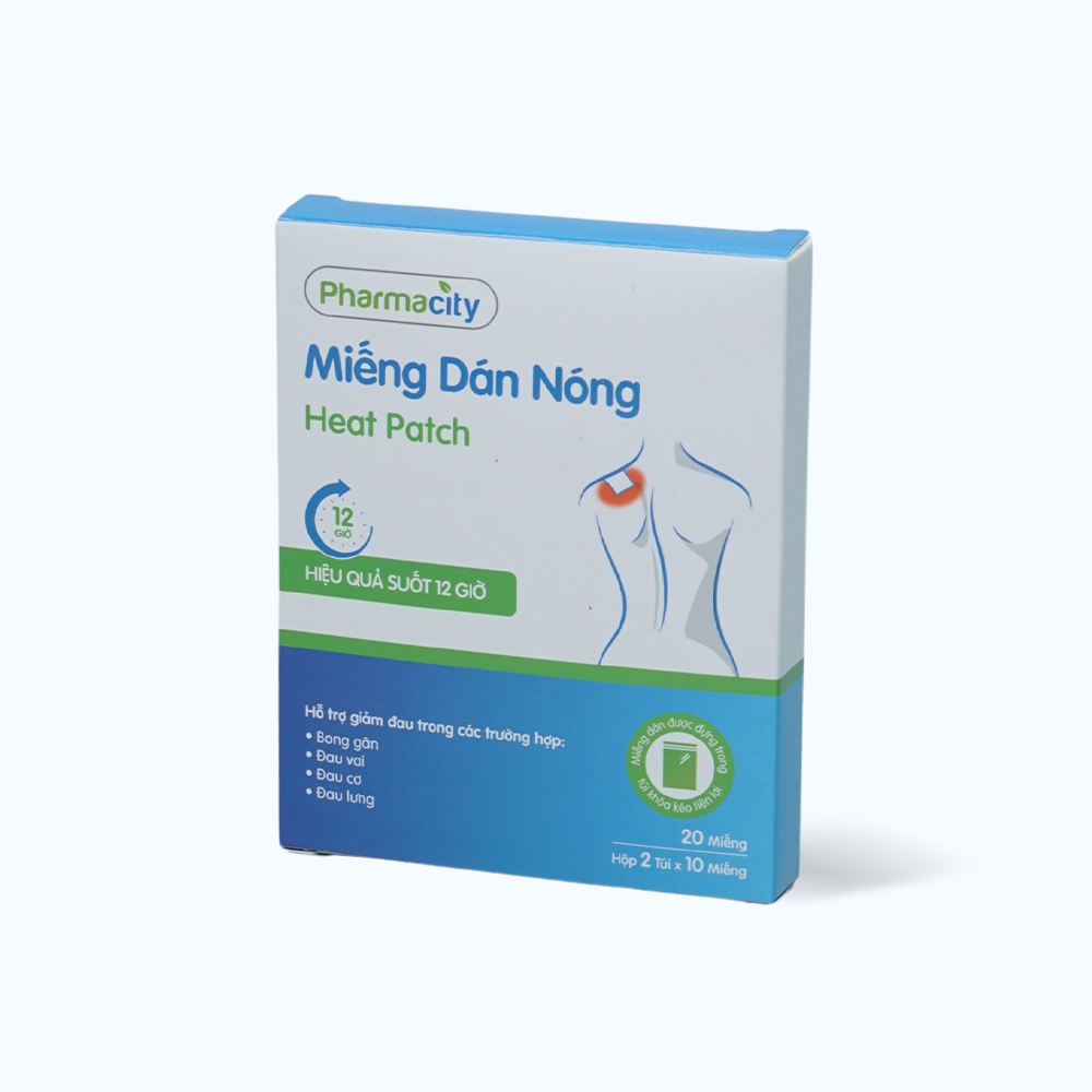 Miếng Dán Nóng Pharmacity giảm đau do bong gân, đau vai, đau cơ, đau lưng (Hộp 20 miếng)