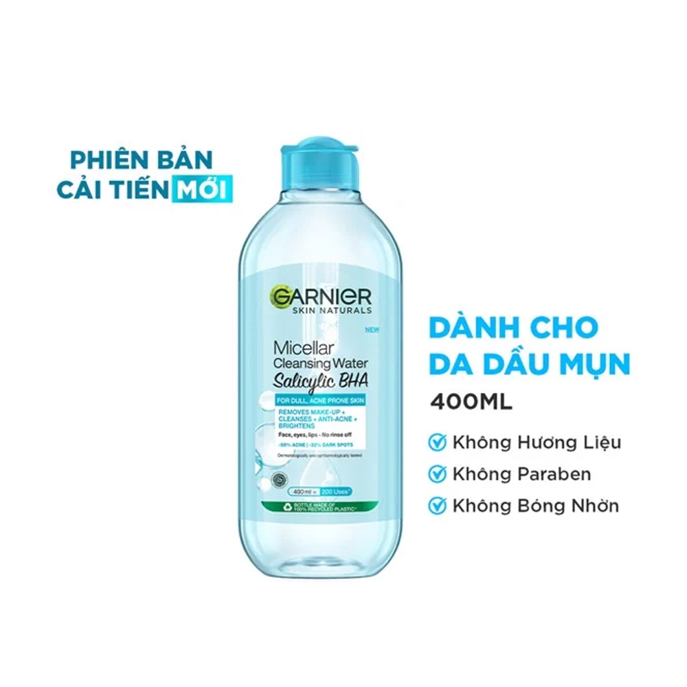 Nước tẩy trang cho da dầu và mụn Garnier Skin Naturals Micellar Cleansing Water (Chai 400ml)