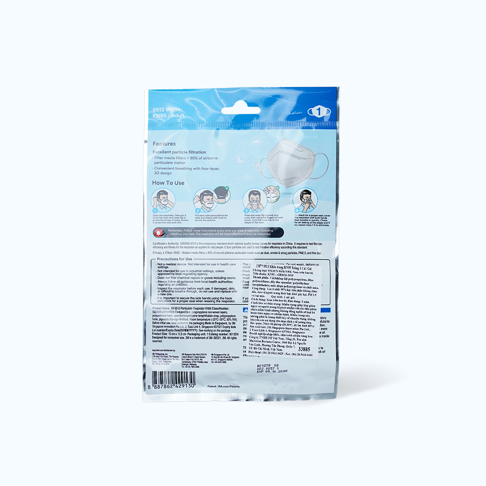 Khẩu trang 3M tiêu chuẩn KN95 9513 màu trắng bảo vệ khỏi bụi mịn và hạt tiểu phân gây hại trong không khí (Gói 1 cái)