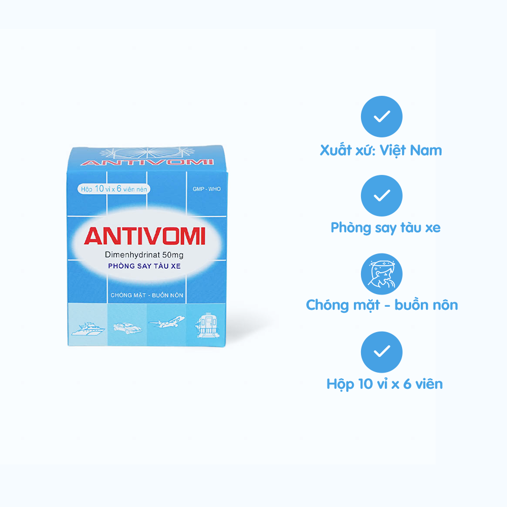 Viên nén Antivomi 50mg phòng ngừa và điều trị say tàu xe (10 vỉ x 6 viên)