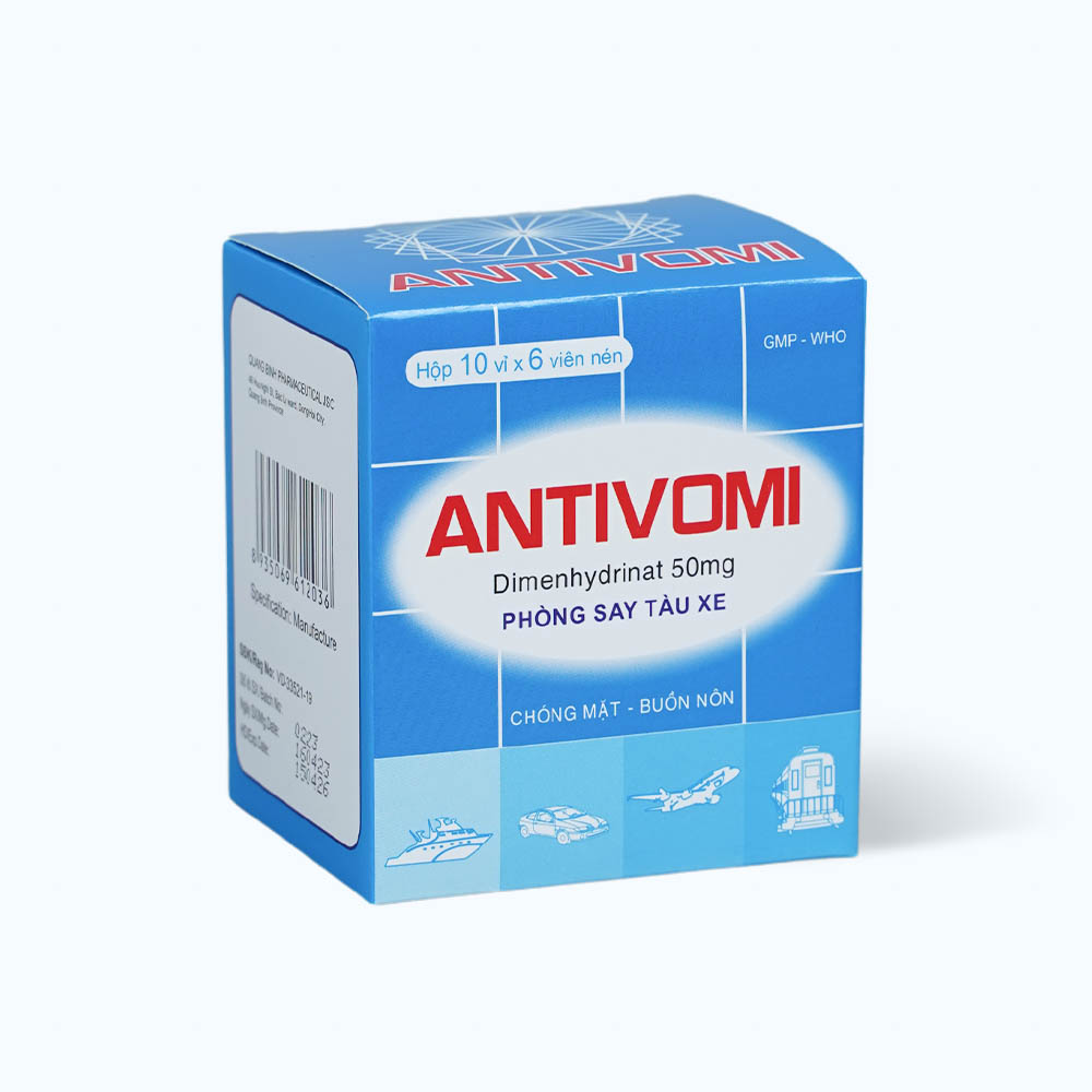 Viên nén Antivomi 50mg phòng ngừa và điều trị say tàu xe (10 vỉ x 6 viên)