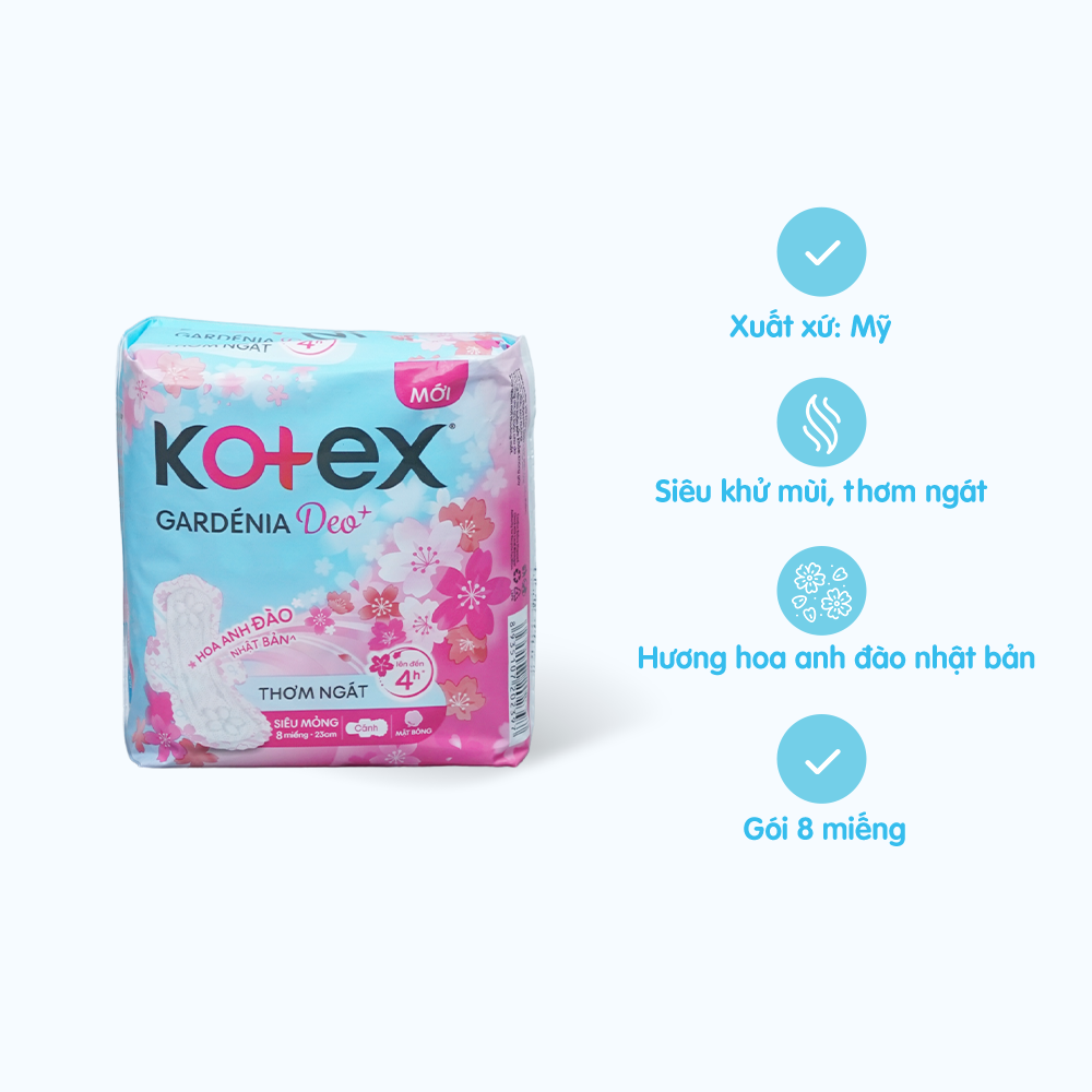 Băng vệ sinh ban ngày siêu mỏng cánh Kotex Gardenia Deo+ 23cm (8 miếng)