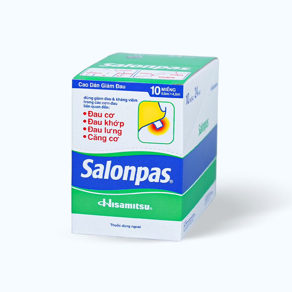 Cao dán Salonpas 6.5cmx4.2cm giảm đau vai, đau lưng, đau cơ, đau khớp (24 gói x 10 miếng)