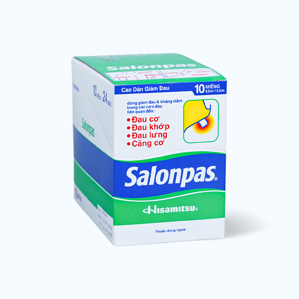 Cao dán Salonpas 6.5cmx4.2cm giảm đau vai, đau lưng, đau cơ, đau khớp (24 gói x 10 miếng)