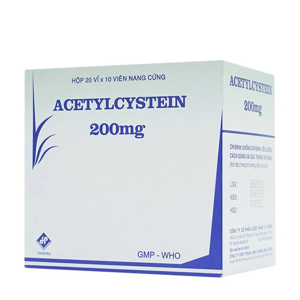 Viên nang Acetylcystein 200mg Vidipha tiêu nhầy, loãng đàm, giảm ho (20 vỉ x 10 viên)