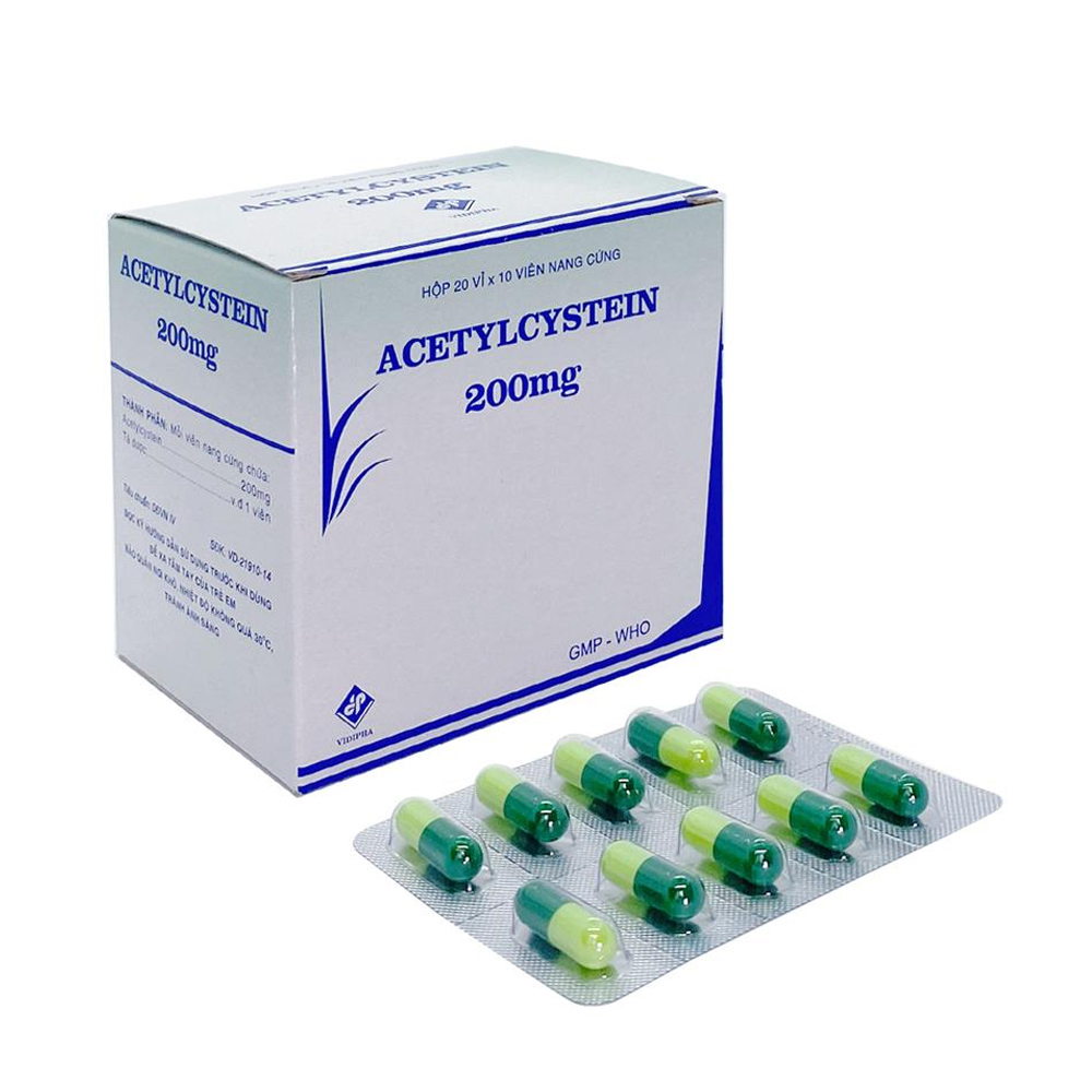 Viên nang Acetylcystein 200mg Vidipha tiêu nhầy, loãng đàm, giảm ho (20 vỉ x 10 viên)