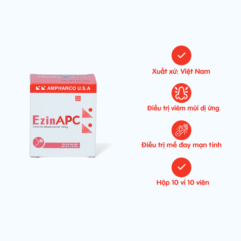 Viên nén Ezinapc 10mg điều trị triệu chứng viêm mũi dị ứng, mày đay (10 vỉ x 10 viên)