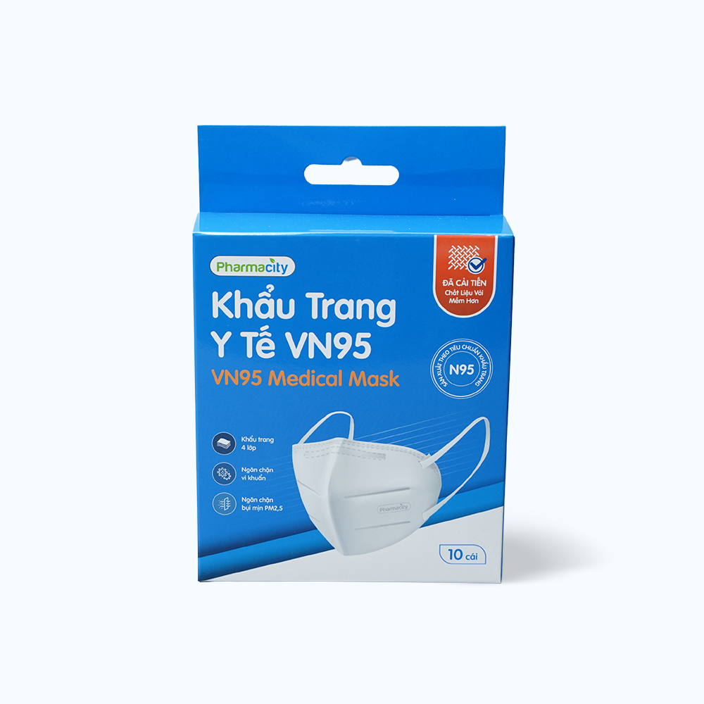 Khẩu trang y tế PMC VN95 4 lớp, vải lọc cao cấp bảo vệ khỏi vi khuẩn, khói và bụi mịn (Hộp 10 cái)