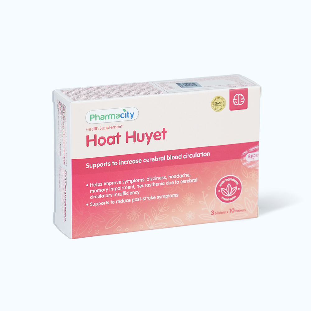 Viên uống Pharmacity Hoạt Huyết tăng cường tuần hoàn máu não (Hộp 3 vỉ x 10 viên)