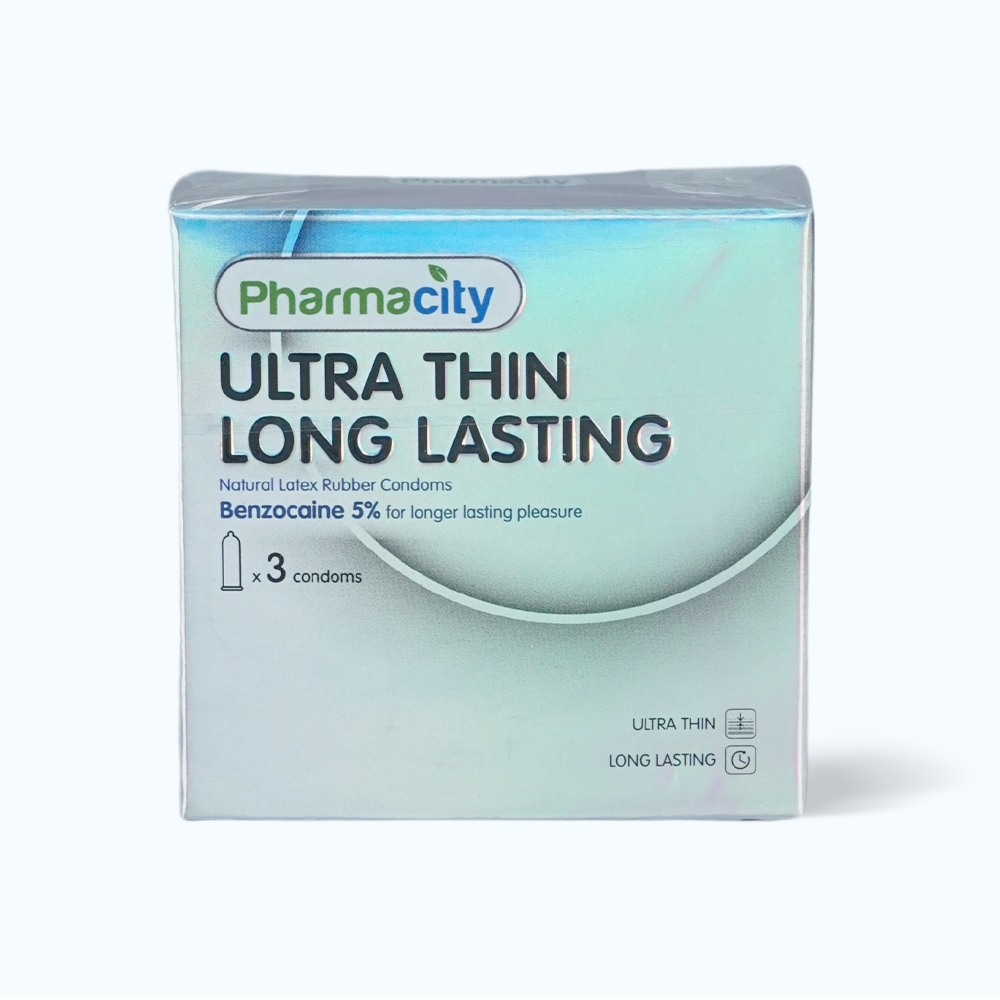 Bao cao su siêu mỏng kéo dài thời gian yêu Pharmacity Ultra thin Long Lasting N (Hộp/3 cái)