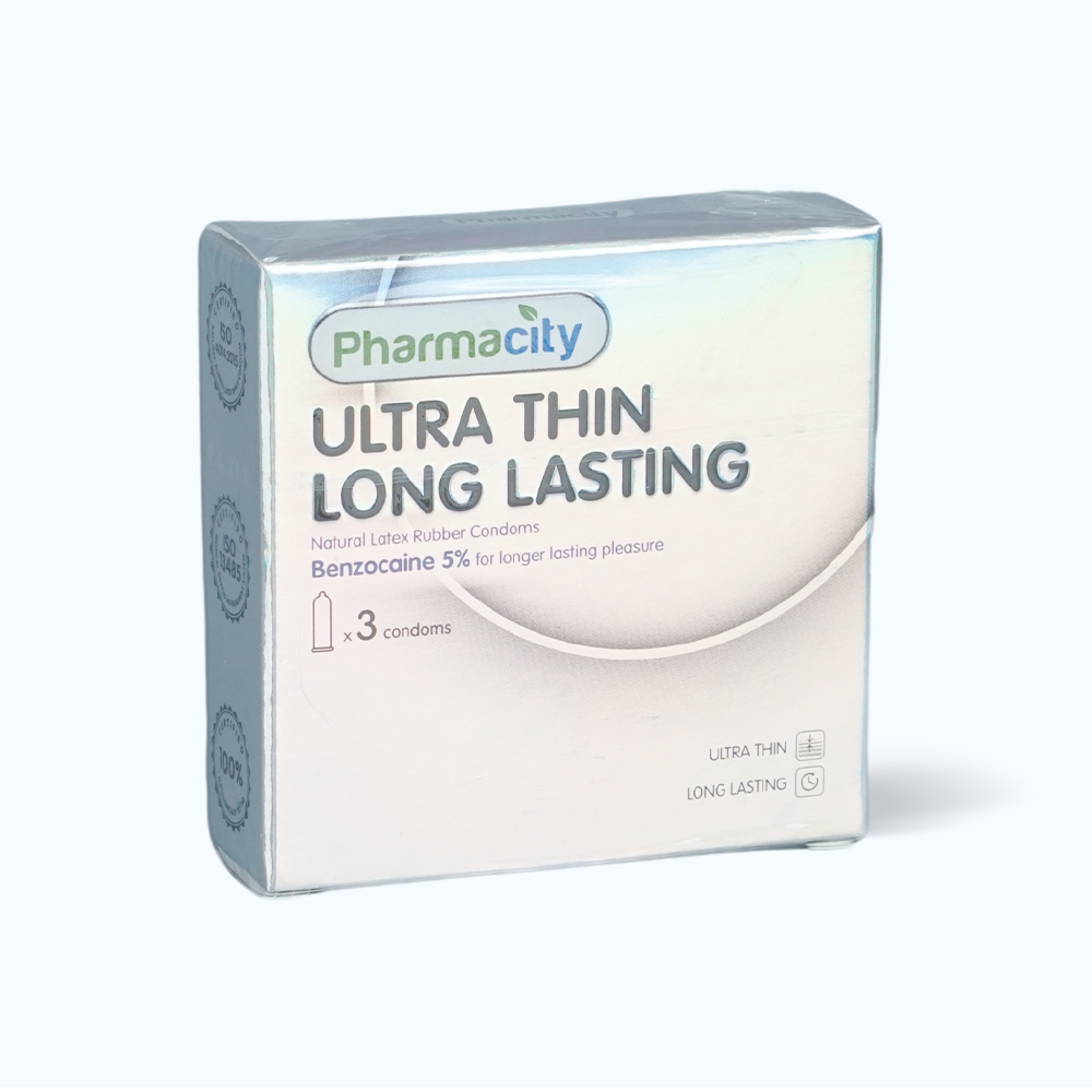 Bao cao su siêu mỏng kéo dài thời gian yêu Pharmacity Ultra thin Long Lasting N (Hộp/3 cái)