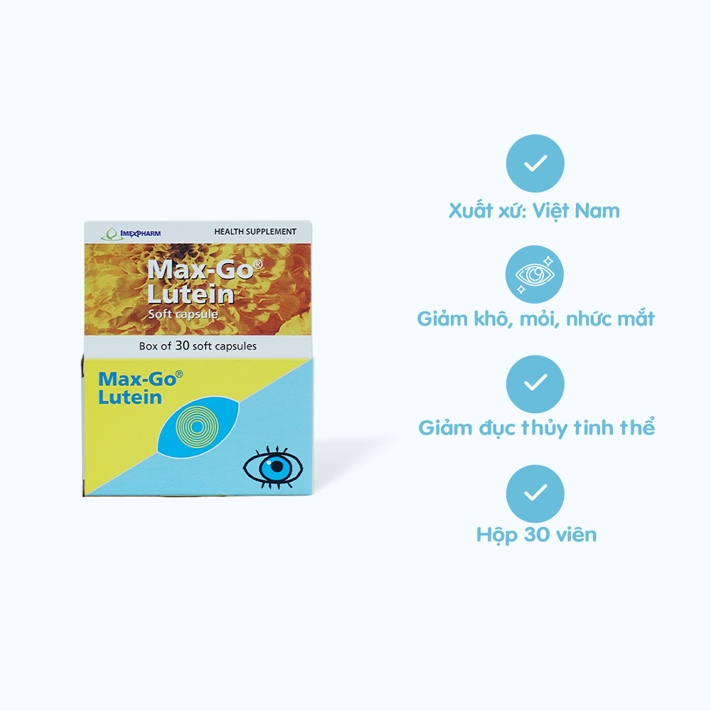 Viên uống Imexpharm Max Go Lutein Hỗ trợ giảm triệu chứng khô mắt (Hộp 30 viên)