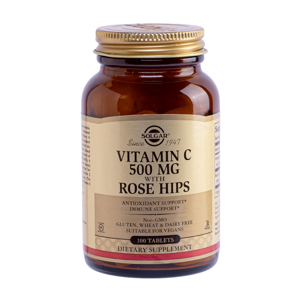 Viên uống  Solgar Vitamin C 500mg w Rose Hips hỗ trợ tăng cường đề kháng (Chai 100 viên)