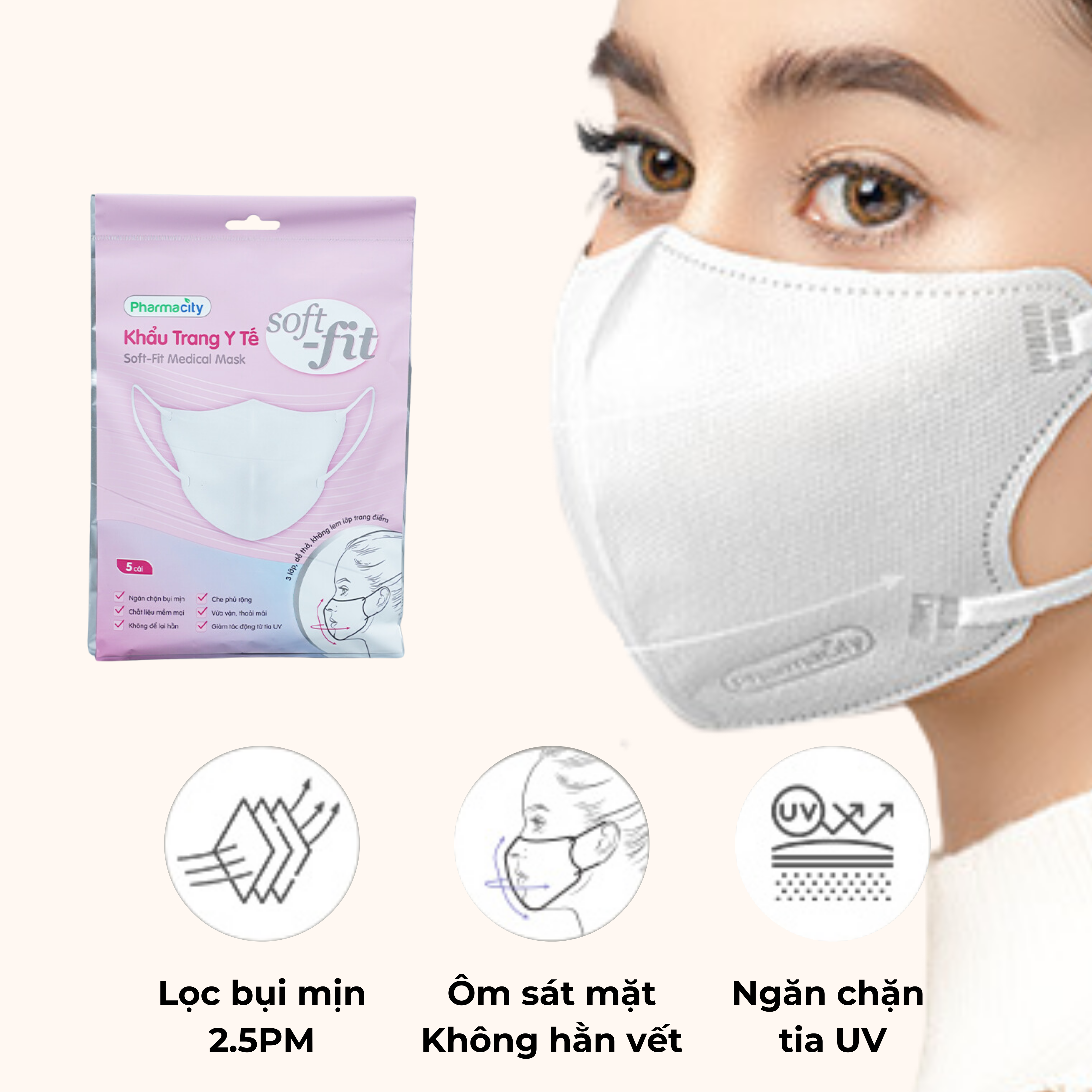 Khẩu trang mềm mại không lem lớp trang điểm Pharmacity Soft-fit, giảm tác động từ tia UV (Gói 5 cái)  - Màu trắng