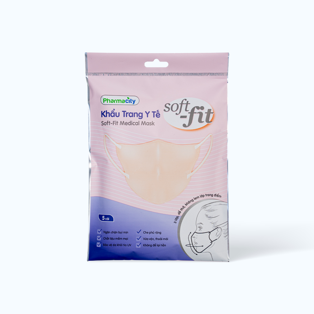 Khẩu trang mềm mại không lem lớp trang điểm Pharmacity Soft-fit (5 cái) - Màu hồng