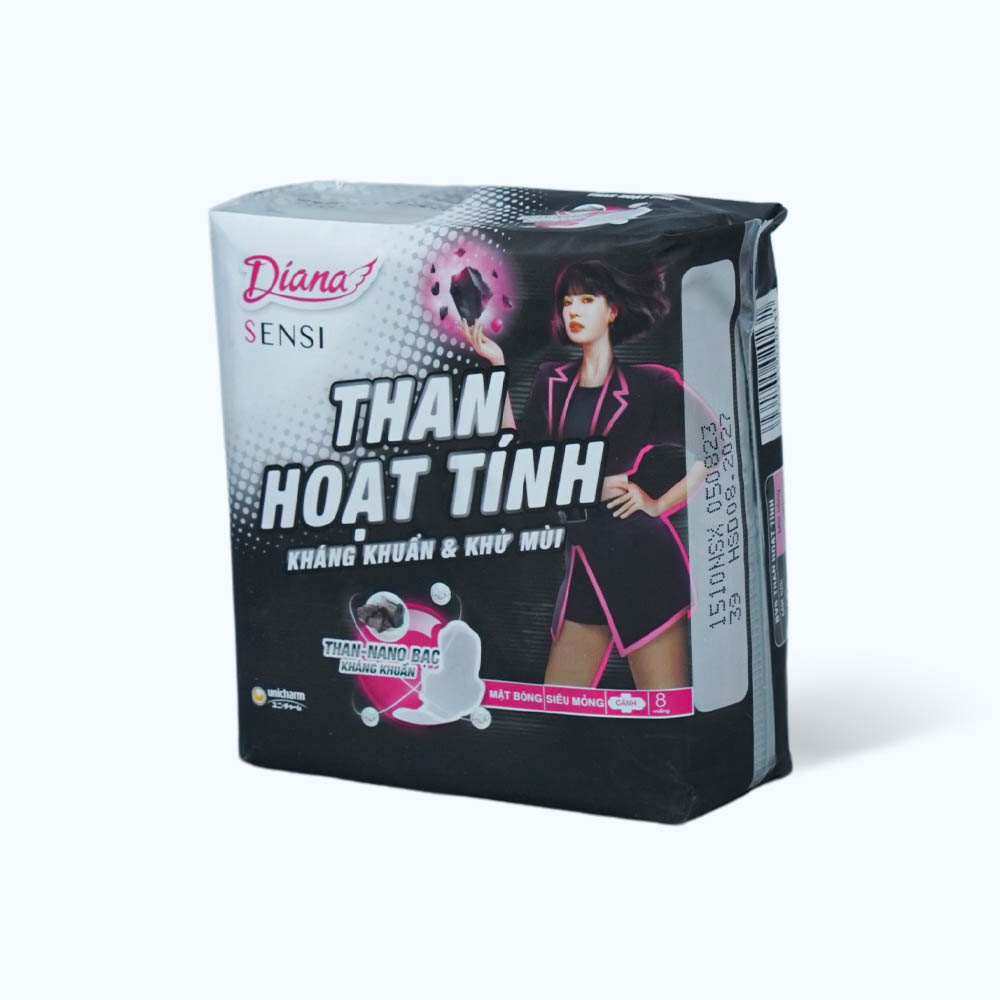 Băng vệ sinh Diana than hoạt tính Sensi siêu mỏng cánh (Gói 8 miếng)