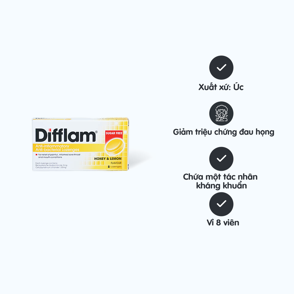 Viên ngậm Difflam Lozenges (Honey & Lemon) giảm triệu chứng đau họng (1 vỉ x 8 viên)