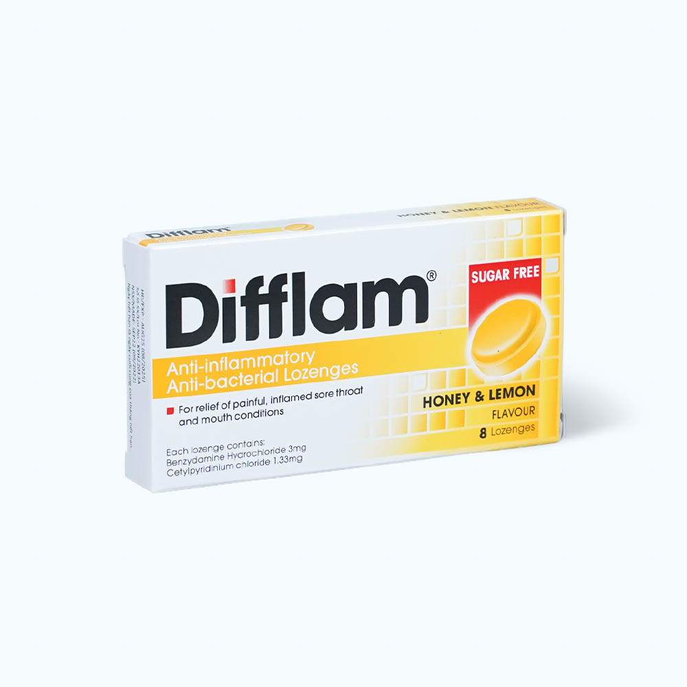 Viên ngậm Difflam Lozenges (Honey & Lemon) giảm triệu chứng đau họng (1 vỉ x 8 viên)