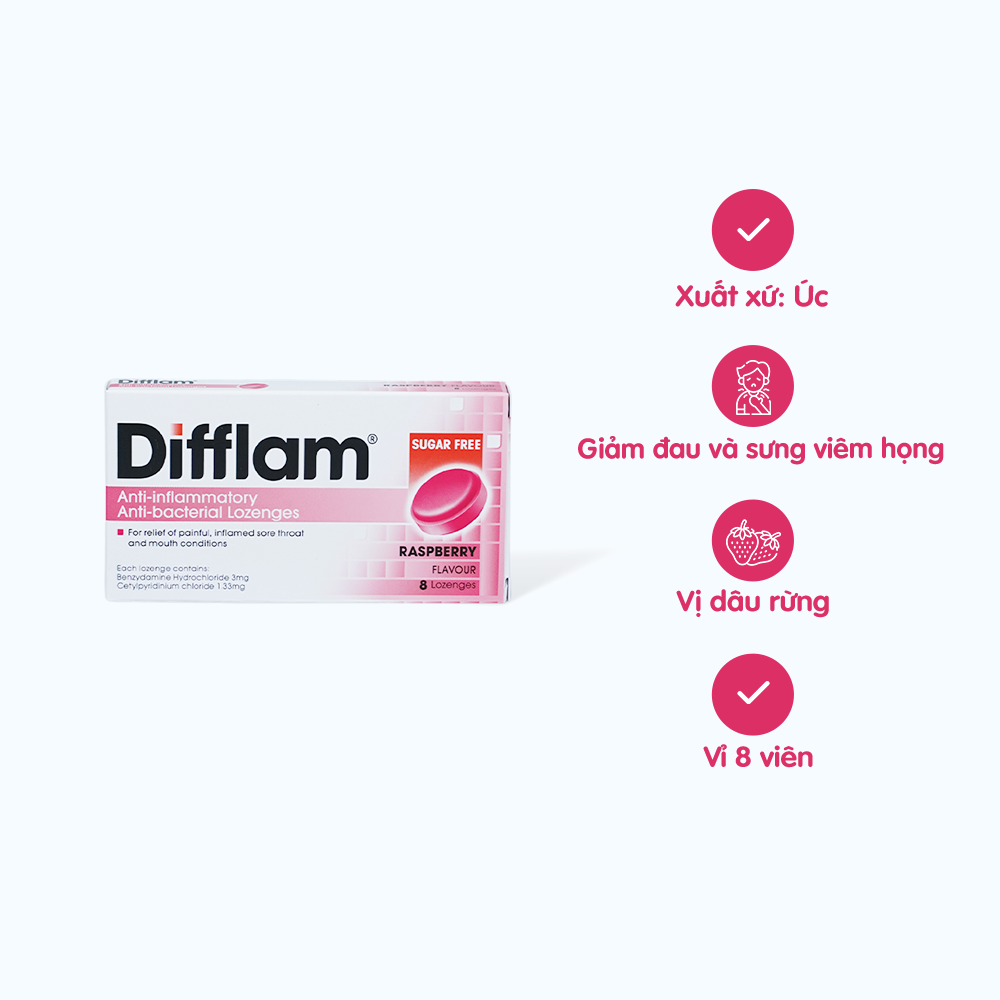 Viên ngậm Difflam Lozenges (Raspberry) giảm đau và sưng viêm họng (1 vỉ x 8 viên)