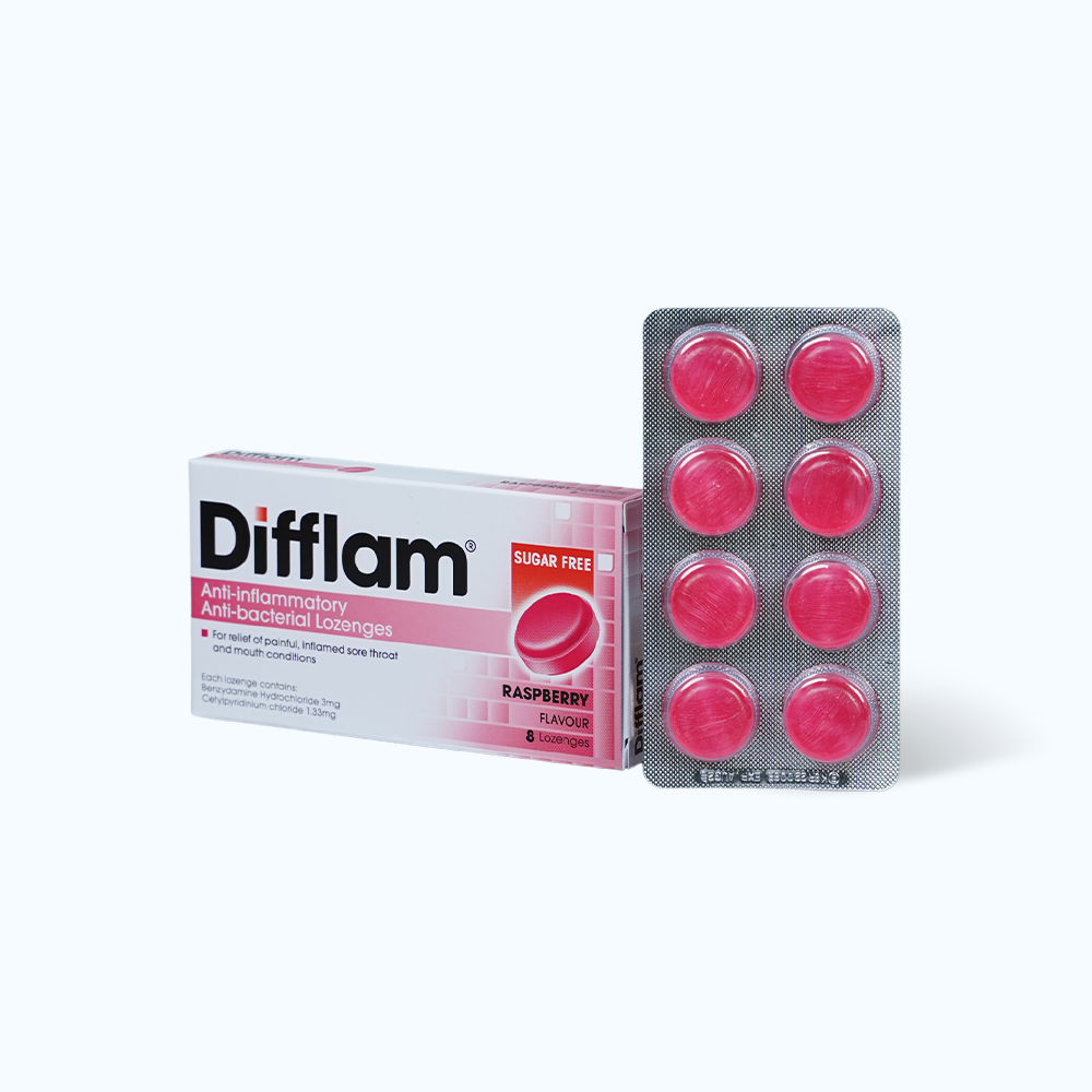 Viên ngậm Difflam Lozenges (Raspberry) giảm đau và sưng viêm họng (1 vỉ x 8 viên)