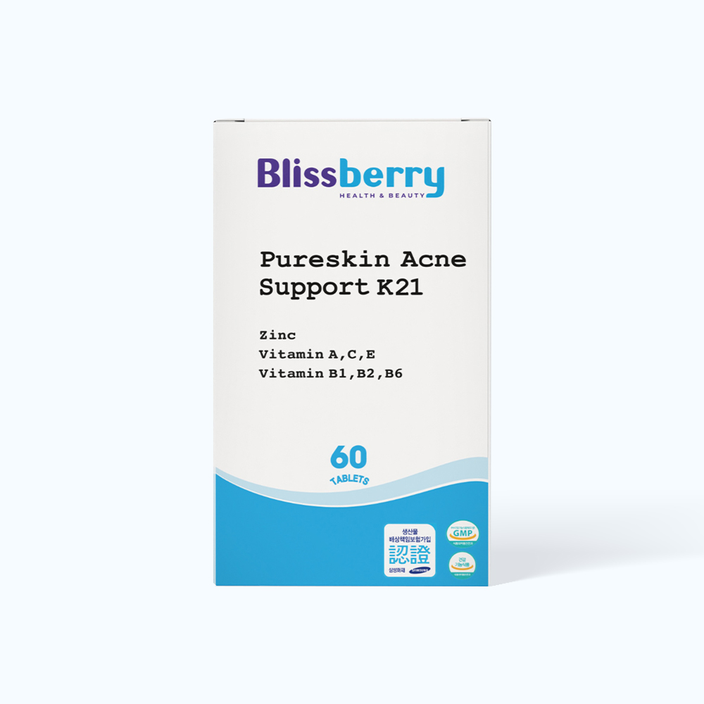 Viên uống BLISSBERRY Pureskin Acne Support K21 hỗ trợ giảm mụn  (Hộp 60 viên)
