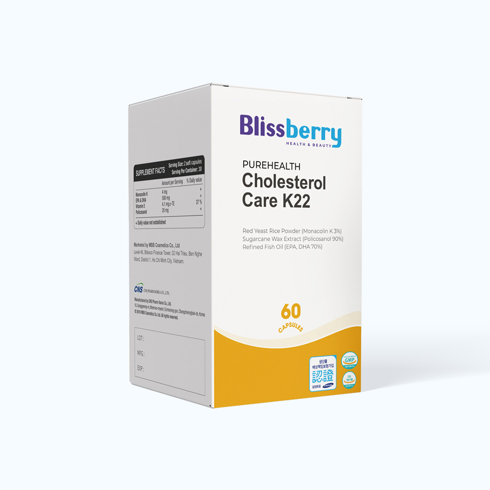 Viên uống BLISSBERRY Purehealth Cholesterol Care K22 hỗ trợ hạn chế quá trình oxy hóa và giúp giảm cholesterol trong máu  (Hộp 60 viên)