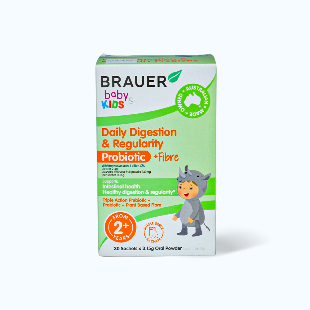 Men Vi Sinh BRAUER & Kids Daily Digestion &  Fibre bổ sung chất xơ hằng ngày cho trẻ từ 2 tuổi ( Hộp 30 gói)