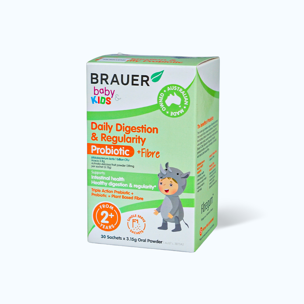 Men Vi Sinh BRAUER & Kids Daily Digestion &  Fibre bổ sung chất xơ cho trẻ từ 2 tuổi (30 gói)