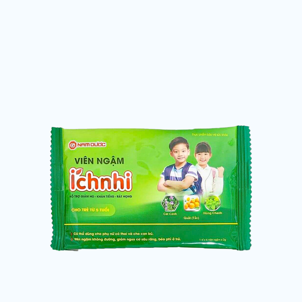 Viên ngậm Ích Nhi giảm viêm họng cho trẻ từ 5 tuổi (Hộp 5 vỉ x 6 viên)